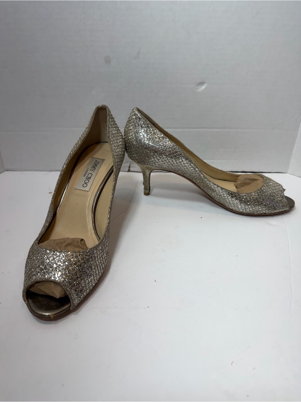 Jimmy Choo Isabel Champagne Glitter Fabric Peep Toe Heels Pumps Shoe Size 38
